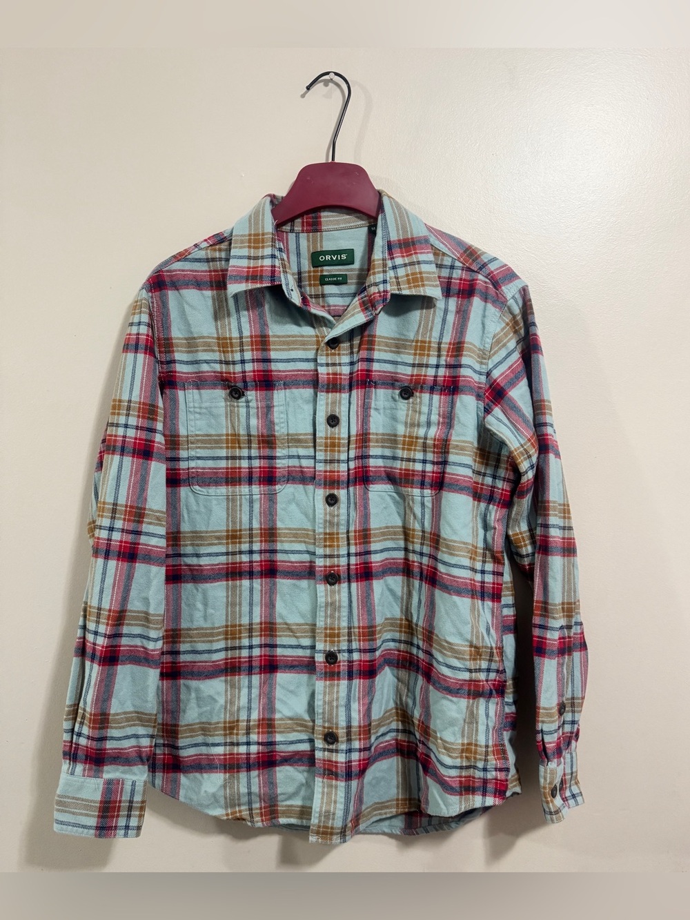 Orvis Perfect Flannel Men’s M Plaid 100% Cotton Blue Red Fall Style Casual